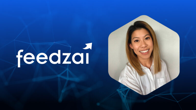 Illustration with Feedzai logo on left and headshot of Tiffany Ha, Senior Product Marketing Manager for Feedzai on right. For article on built-in responsible AI