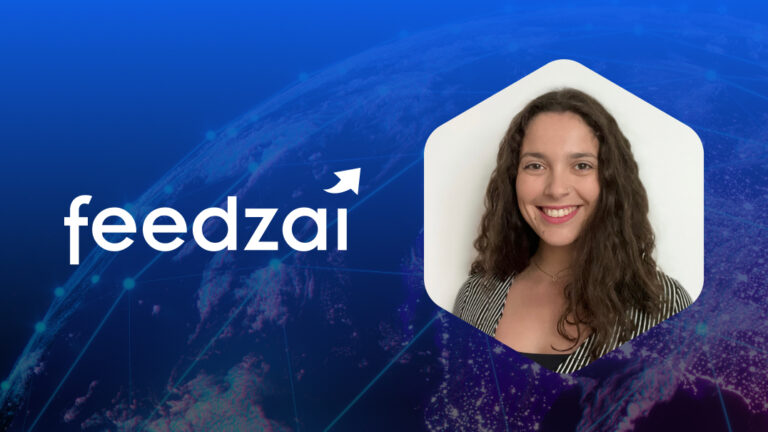 Headshot of Feedzai's Catarina Godinho, Feedzai logo - for article "How ScamAlert and GenAI Are Changing the Game in Scam Prevention"